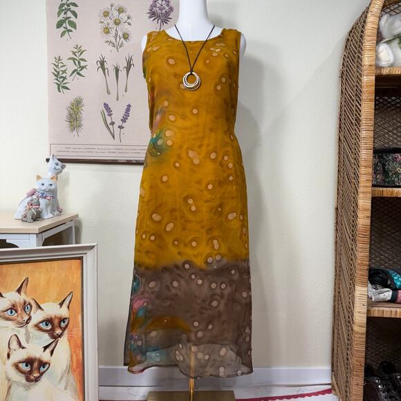 Vintage Dresses & Skirts - Vintage 80s 90s Tie Back Watercolor Midi Dress Fairy Grunge Boho Hippie Whimsy L